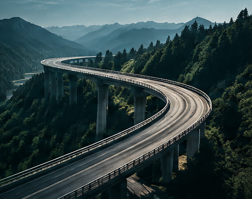 A highway bridge winding through forested mountains